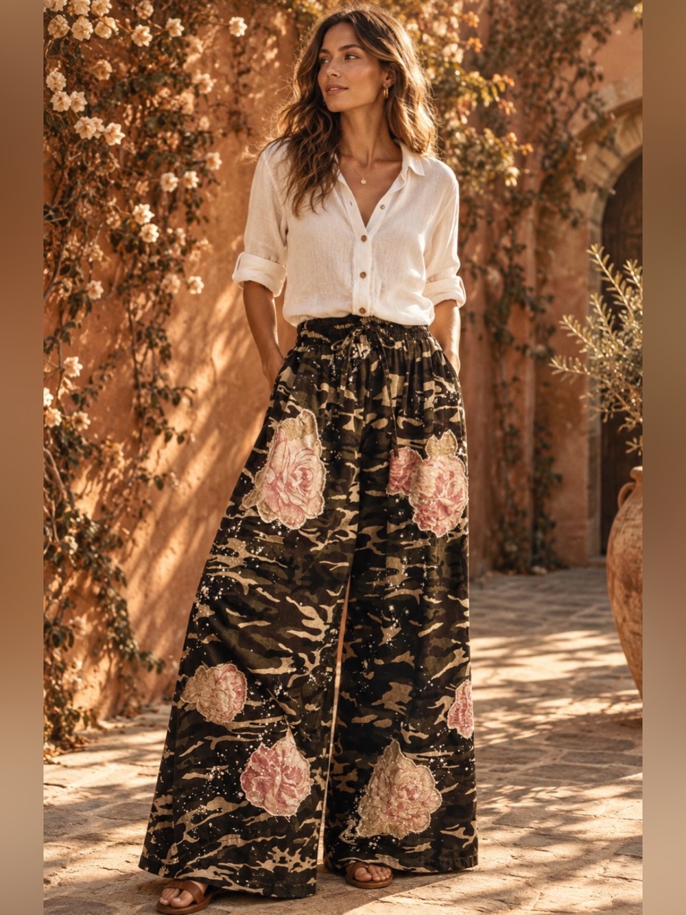 Bluevelvet Camo Print Speckled Floral Patchwork Wide leg Cotton Pants